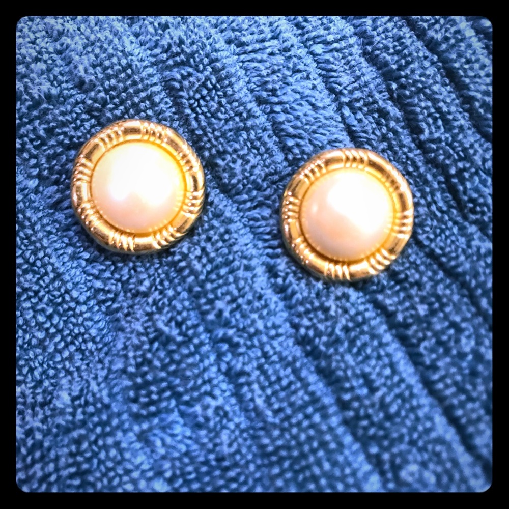 Goldtone Faux Pearl Button Earrings